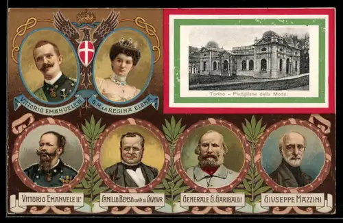 AK Torino, Padiglione della Moda, Portraits von Vittorio Emanuele III und Regina Elena