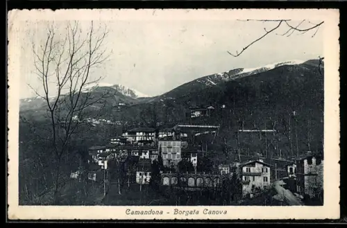 AK Camandona, Borgata Canova con vista delle montagne e case storiche