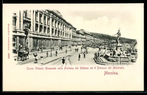 AK Messina, Corso Vittorio Emanuele con Fontana del Nettuno e Palazzo del Municipio