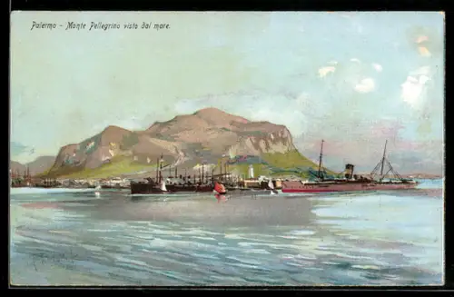 AK Palermo, Monte Pellegrino visto dal mare con navi sullo sfondo