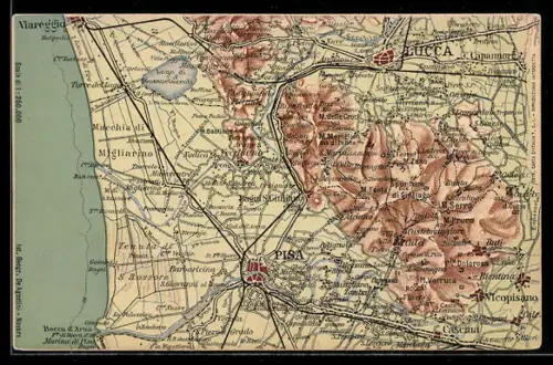 AK Pisa, Mappa storica dettagliata con Pisa e Lucca