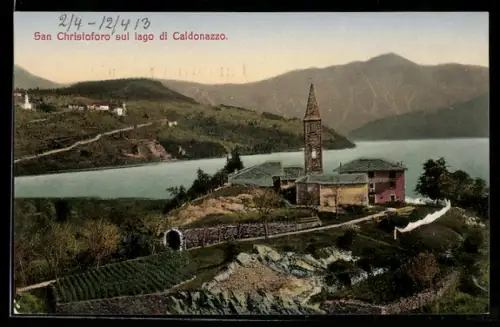 AK San Christoforo al Lago, Lago di Caldonazzo, Vista panoramica con chiesa e lago