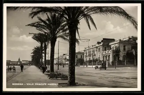 AK Messina, Viale Principe Amedeo con palme e edifici storici