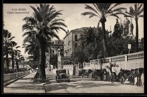 AK San Remo, Corso Imperatrice con carrozze e palme maestose