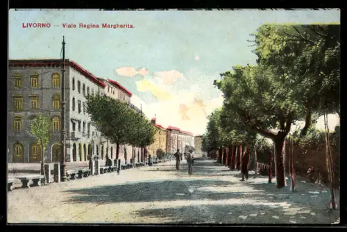 AK Livorno, Viale Regina Margherita con alberi e edifici storici