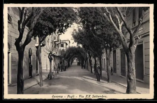 AK Genova, Pegli, Via XX Settembre con alberi e passanti