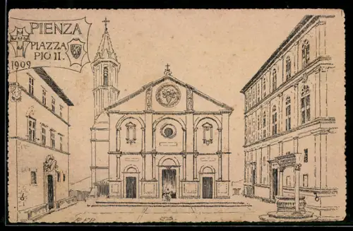 Künstler-AK Pienza, Piazza Pio II con cattedrale e palazzi storici
