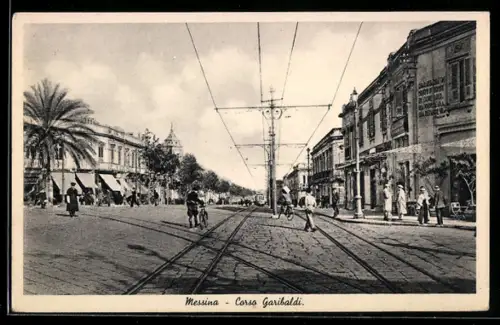 AK Messina, Corso Garibaldi con tram e passanti