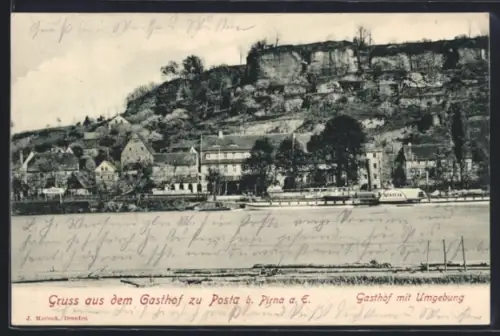 AK Posta b. Pirna, Gasthof zu Posta mit Dampfer