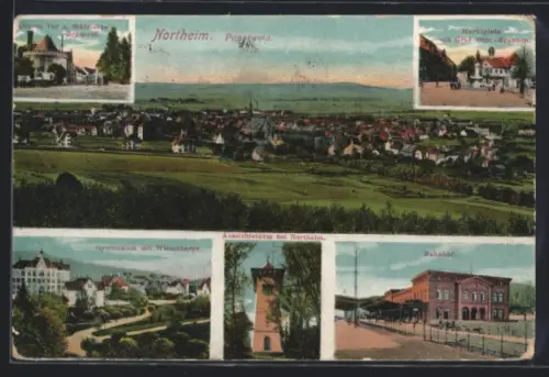 AK Northeim, Panorama, Oberes Tor u. Städt. Brauerei, Bahnhof, Gymnasium m. Wieterbarge, Aussichtsturm