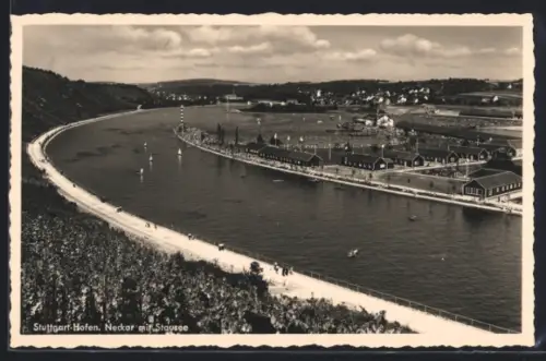 AK Stuttgart-Hofen, Neckar mit Stausee und Gaststätte am Stausee, Strandbad