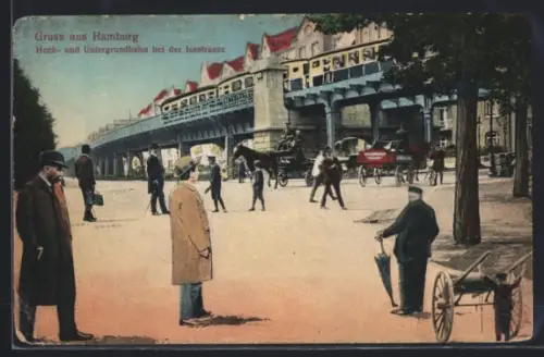 AK Hamburg-Harvestehude, Hoch-und Untergrundbahn bei der Isestrasse