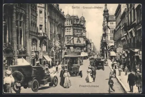 AK Berlin, Friedrichstrasse mit Geschäften und Passage Theater
