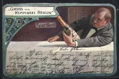 Künstler-AK Berlin, Hotel Kempinski, Eleganter Herr mit Flasche Feist-Sekt