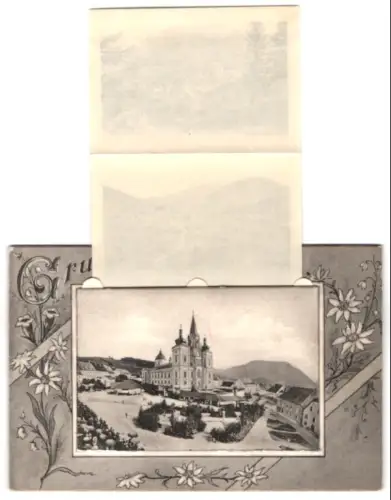 Leporello-AK Mariazell, Partie am Kreuzberg, Madonna über dem Ort und Totalansicht mit Bürgeralp