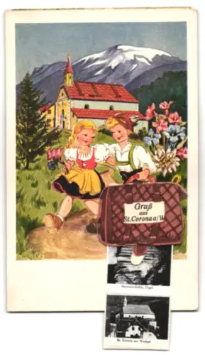 Leporello-AK St. Corona a. W., Teilansicht mit Schneeberg, Hermannshöhle und Kirchberg am Wechsel