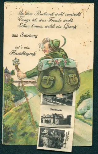 Leporello-AK Salzburg, Partie an der Staatsbrücke, Teilansicht vom Mönchsberg und Residenzbrunnen