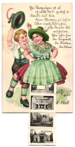 Leporello-AK Bad Hall, Totalansicht, Partien am Hauptplatz und Rathaus