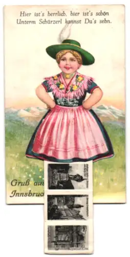 Leporello-AK Innsbruck, Totalansicht vom Berg Isel, Innbrücke und Partie in der Maria Theresienstrasse