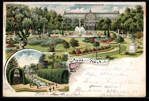 Lithographie Köln-Riehl, Garten-Etablissement Flora, Flora-Tempel und Laubgänge