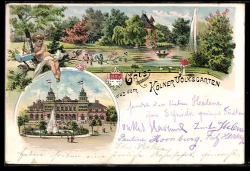 Lithographie Köln-Neustadt, Volksgarten, Parkanlage, See, Restaurant mit Springbrunnen