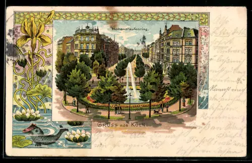 Lithographie Köln-Neustadt, Hohenstaufenring, Springbrunnen, Jugendstil-Rahmen mit Teich