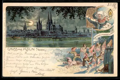 Lithographie Köln a. Rhein, Dom, Rheinpanorama, Heinzelmännchen