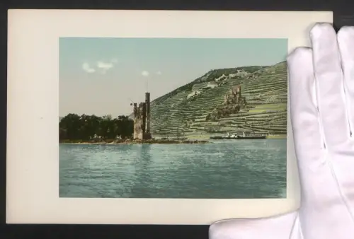 Fotografie Ansicht Bingen, Uferpartie mit Mäusethurm und Umgebung, Dampfschiff, Photochromie