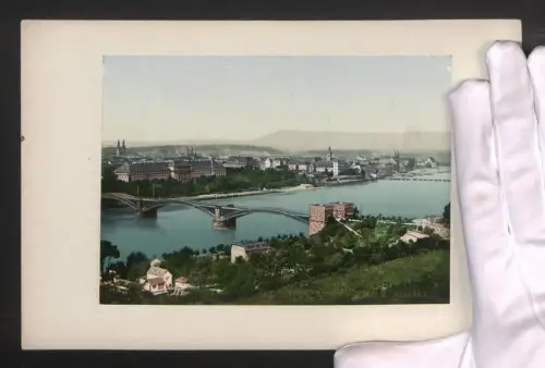 Fotografie Ansicht Koblenz, Teilansicht des Ortes mit Brücke, Kirche und Umgebung, Photochromie