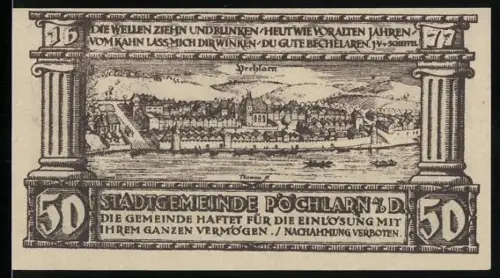 Notgeld Pöchlarn a. d. D., 50 Heller, historische Ortsansicht, Kirche und Turm, Wappen