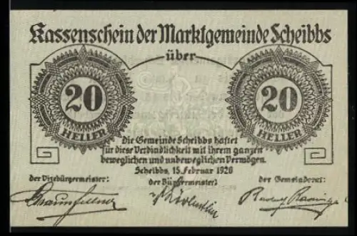 Notgeld Scheibbs 1920, 20 Heller, Ornamentale Gestaltung und Text zur Ausgabe der Kassenscheine