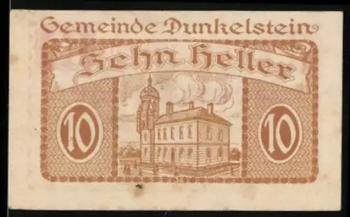 Notgeld Dunkelstein 1920, 10 Heller, Gebäude mit Turm und Wolken
