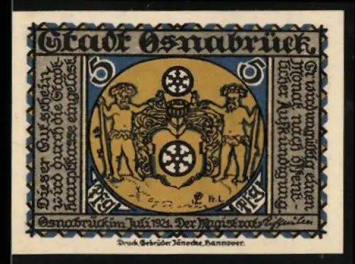 Notgeld Osnabrück 1921, 5 Pfennig, Wappen und Landschaft mit Lyra-Denkmal
