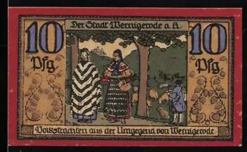 Notgeld Wernigerode a. H. 1921, 10 Pfennig, Volkstrachten aus der Umgebung von Wernigerode und Eule mit Kerze