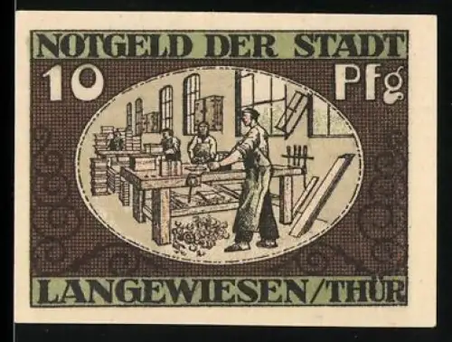 Notgeld Langewiesen /Thür. 1921, 10 Pfennig, Werkstatt und Schutzgeist St. Kilian
