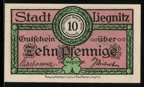 Notgeld Liegnitz 1920, 10 Pfennig, Warmwasserteich mit Gartenpavillon