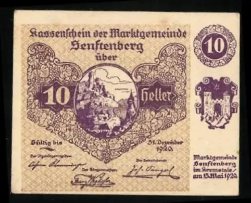 Notgeld Senftenberg 1920, 10 Heller, Landschaftsmotiv und Wappen