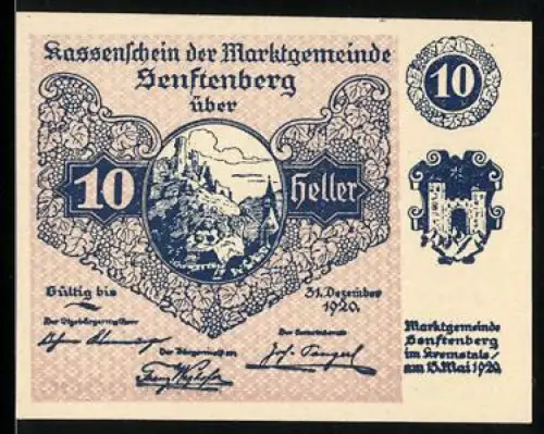 Notgeld Senftenberg 1920, 10 Heller, Landschaftsmotiv und Gedicht über deutsche Treue