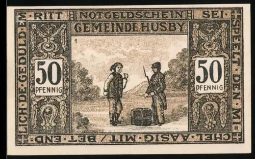 Notgeld Husby 1921, 50 Pfennig, Szene mit zwei Männern und Landschaft am Teich mit Wappen