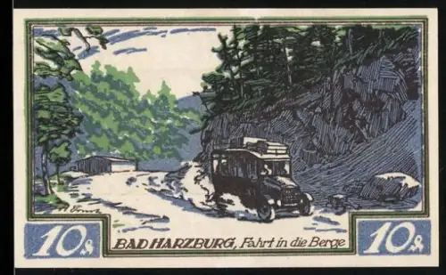 Notgeld Bad Harzburg 1921, 10 Pfennig, Fahrt in die Berge mit Postauto