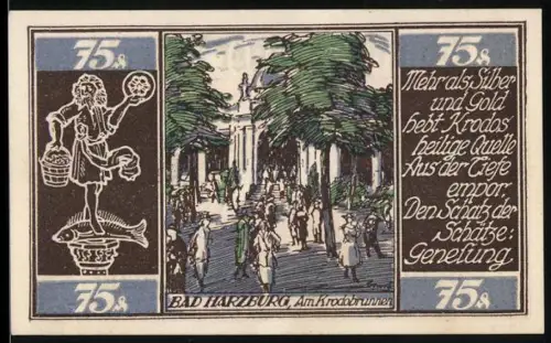 Notgeld Bad Harzburg 1921, 75 Pfennig, Szenerie am Krodobrunnen, galoppierendes Pferd