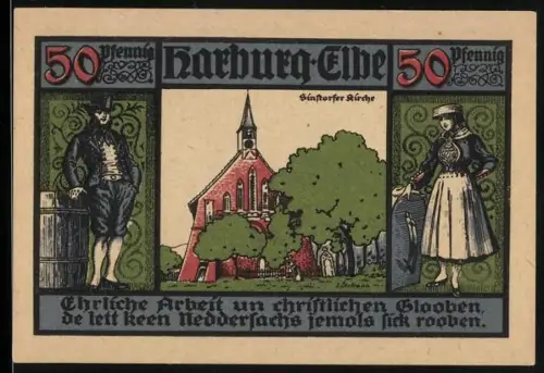 Notgeld Harburg /Elbe 1921, 50 Pfennig, Sinstorfer Kirche und traditionelle Trachten