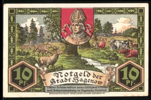 Notgeld Hagenow 1921, 10 Pfennig, Landschaft mit Tieren und Stadtwappen, Rathausansicht