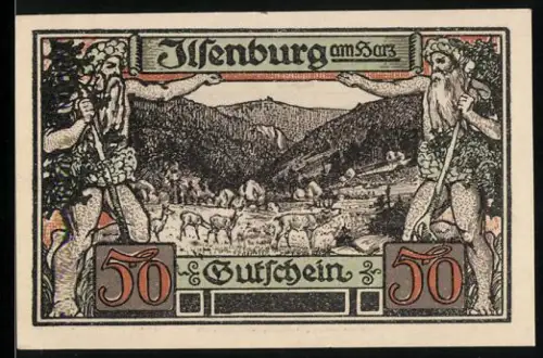 Notgeld Ilsenburg am Harz 1921, 50 Pfennig, Landschaft mit Riesen und Vasenornamenten