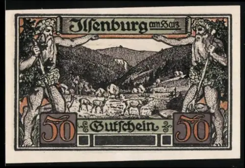 Notgeld Ilsenburg am Harz 1921, 50 Pfennig, Waldlandschaft mit Hochwild