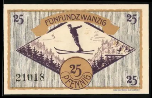 Notgeld Igelshieb 1921, 25 Pfennig, Skispringer und Holzträger-Motiv