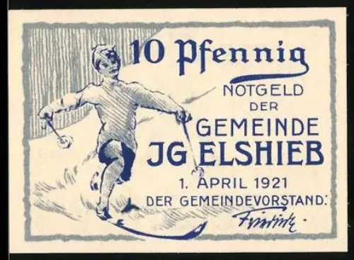 Notgeld Igelshieb 1921, 10 Pfennig, Skifahrer am Bergabhang