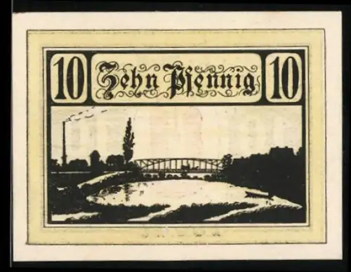 Notgeld Jessnitz 1921, 10 Pfennig, Brücke und zwei Türme im Wappen