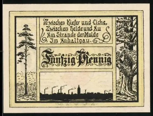 Notgeld Jessnitz 1921, 50 Pfennig, Kiefern, Eichen und Fabriksilhouette