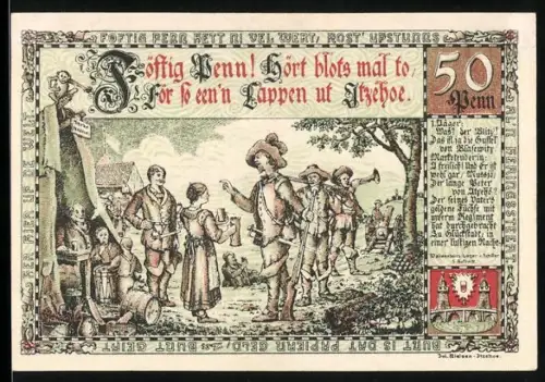 Notgeld Itzehoe 1920, 50 Pfennig, Szenerie mit Soldaten und Dorfbewohnern, Wappen von Itzehoe